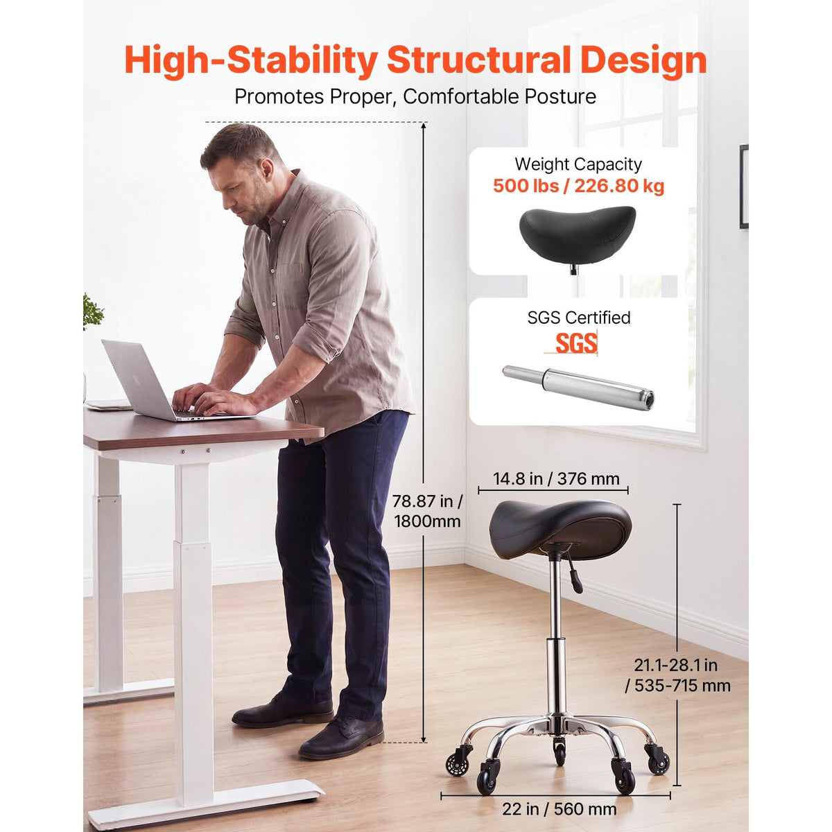 Saddle Stool with Wheels, 500 lbs Weight Capacity, Height Adjustable, Quiet Casters, Ergonomic PU Leather Seat, 360° Swivel Saddle Stool Rolling Chair for Salon, Spa, Bar, Home, Medical, Black