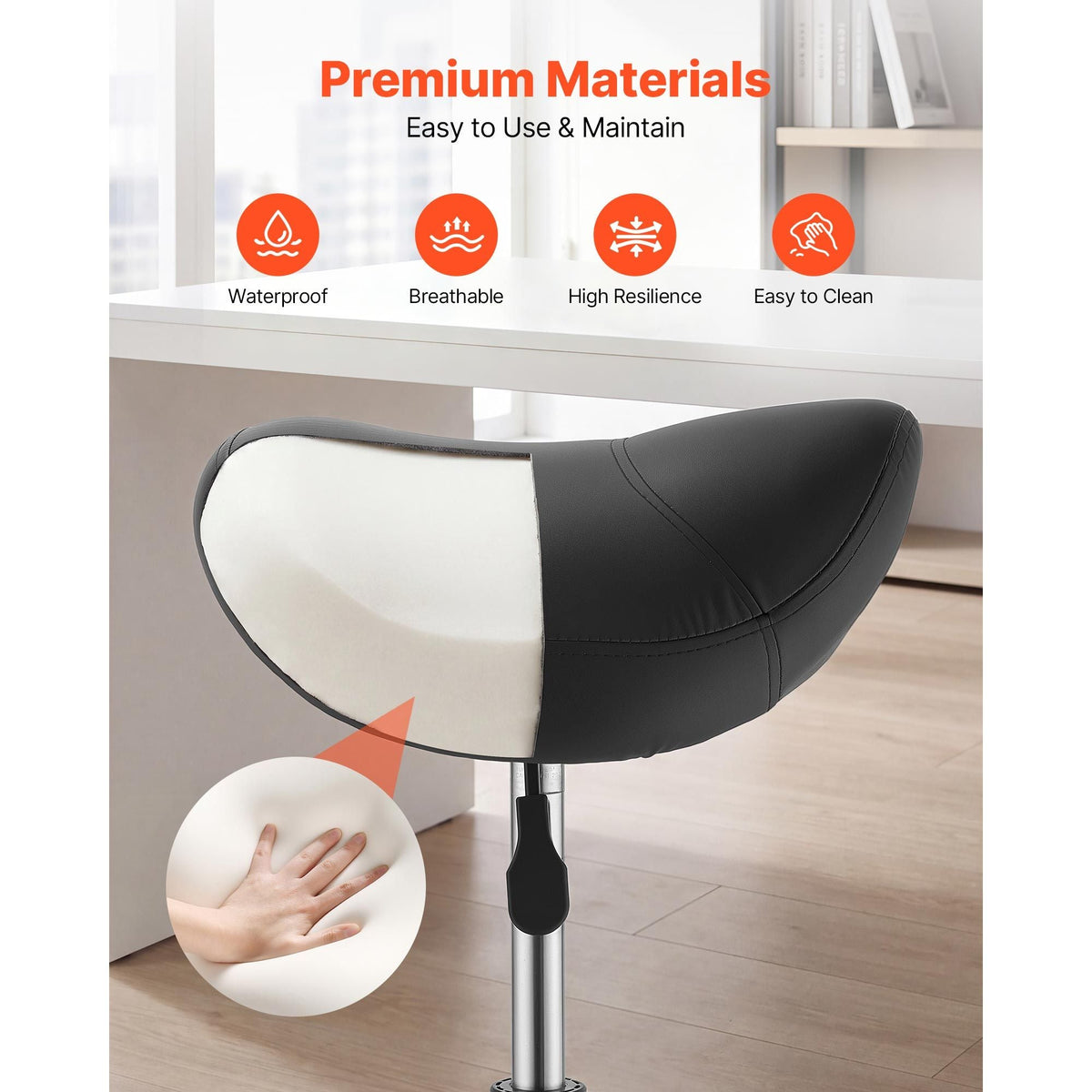 Saddle Stool with Wheels, 500 lbs Weight Capacity, Height Adjustable, Quiet Casters, Ergonomic PU Leather Seat, 360° Swivel Saddle Stool Rolling Chair for Salon, Spa, Bar, Home, Medical, Black