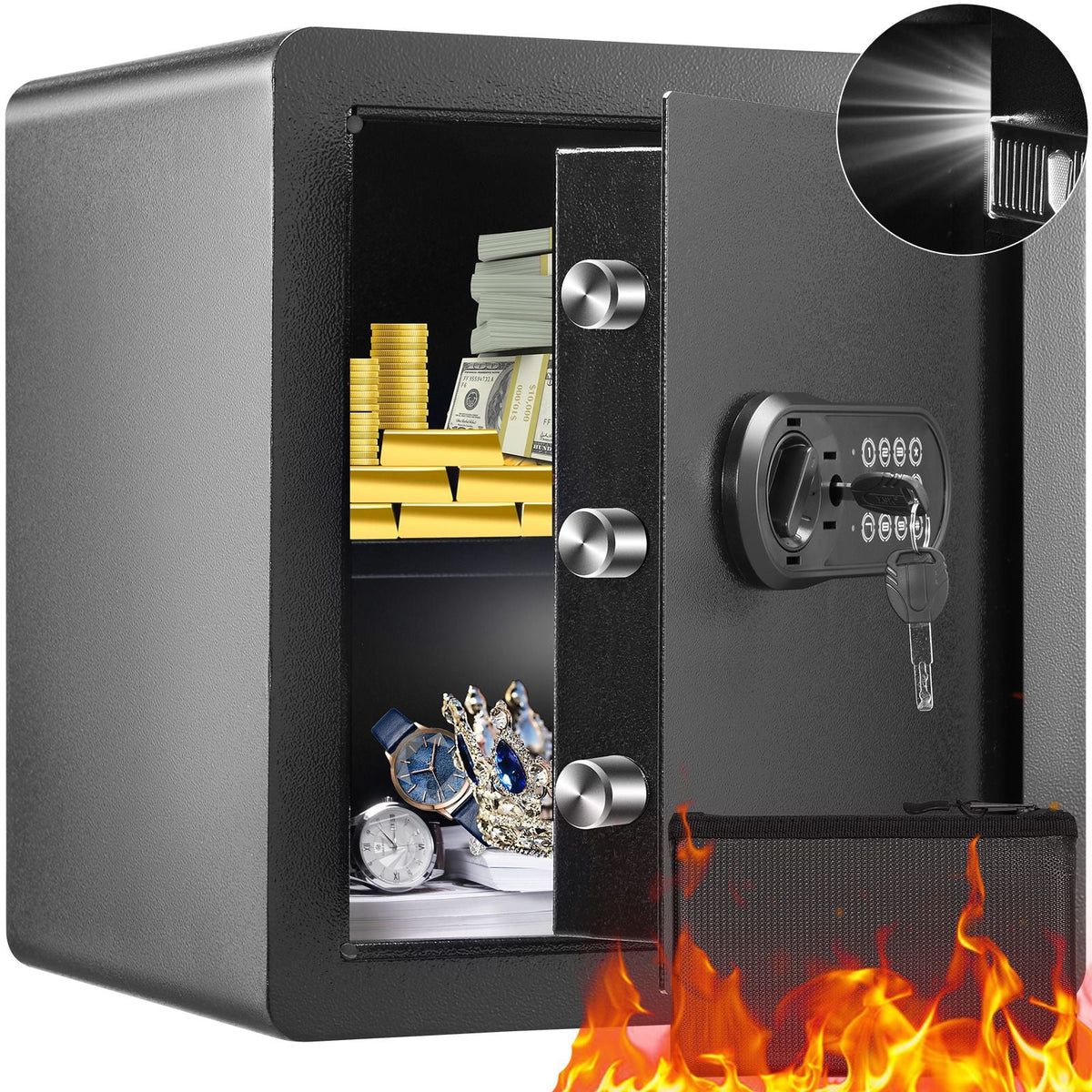 Safe, 1.8 Cubic Feet Home Safe, Steel Security Safe with Digital Keypad and 2 Keys, Cabinet Safe with Fire-proof Bag, Protect Cash, Gold, Jewelry, Documents for Home, Hotel, 15.8x13x16.9 inches