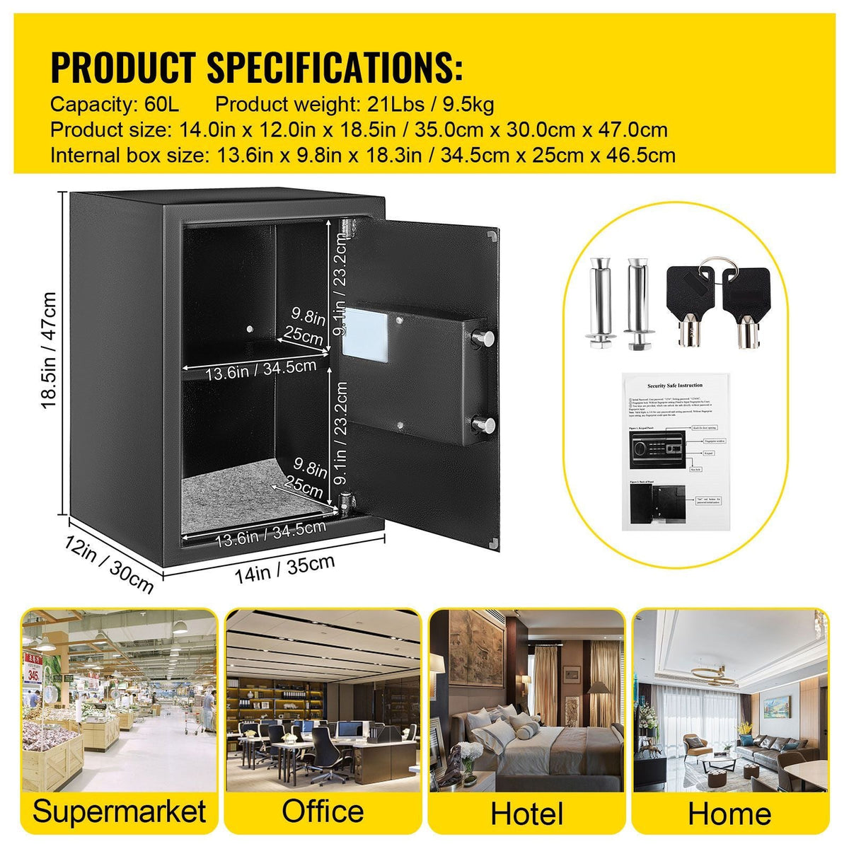 Safe Box, 2.1 CU.FT Fingerprint Safe Box for Money with 2 Keys & Digital Keypad, Q235 Steel Safe Box for Storing Cash, Jewelry, Pistols, Documents, Watches in Home & Office & Hotel
