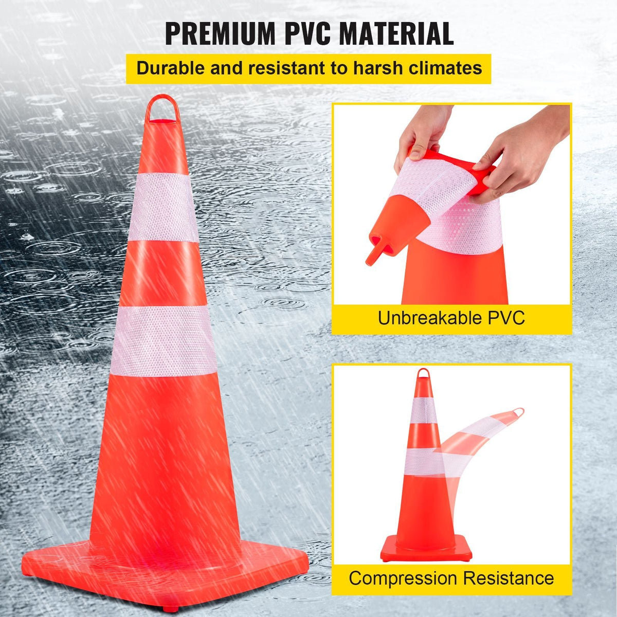 Safety Cones, 12 x 28\" Traffic Cones, PVC Orange Construction Cones, 2 Reflective Collars Traffic Cones with Weighted Base and Hand-Held Ring Used for Traffic Control, Driveway Road Parking