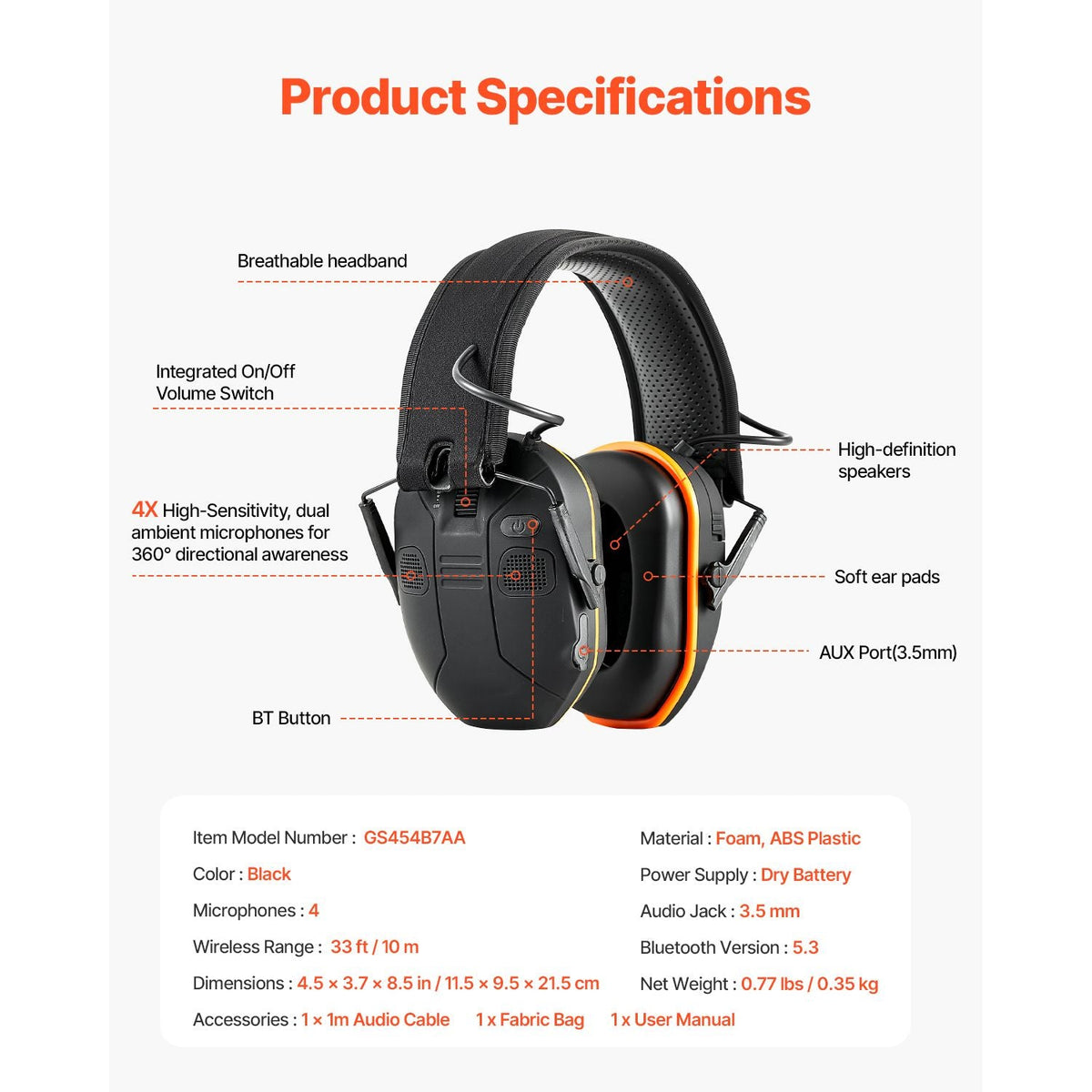 Safety Earmuffs, Electronic Ear Muffs with 5.3 Bluetooth Technology and Sound Amplification, Noise Reduction Headphone NRR23dB, Hearing Protection Earmuffs for Shooting, Lawn Mowing and Work