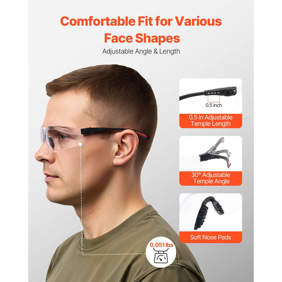 Safety Glasses, Anti-Fog and Scratch-Resistant Clear Lens, Safety Goggles with Adjustable Length and Angle, ANSI Z87.1+ Impact-Resistant Protective Eye Goggles, for Work, Lab & Construction