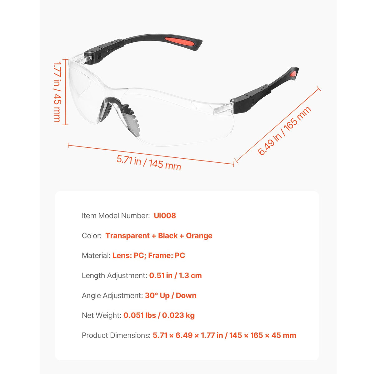 Safety Glasses, Anti-Fog and Scratch-Resistant Clear Lens, Safety Goggles with Adjustable Length and Angle, ANSI Z87.1+ Impact-Resistant Protective Eye Goggles, for Work, Lab & Construction
