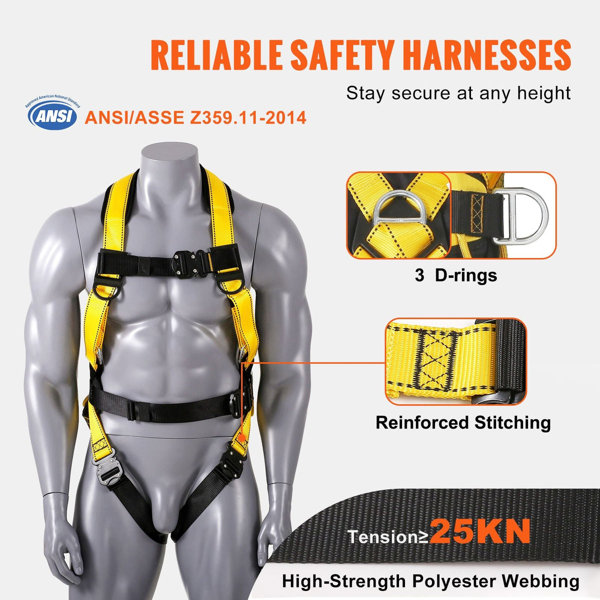 Safety Harness, Full Body Harness, Safety Harness Fall Protection with Added Padding, and Side Rings and Dorsal D-Rings and a Lanyard, ANSI/ASSE Z359.11-2014, 160 lbs Max Weight, S