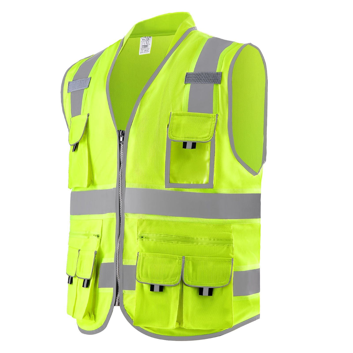 Safety Vest, 10 Pockets Yellow Safety Vest, Hi Vis Zipper Front Safety Vest with Reflective Strips, High Visibility Work Construction Vest with Pockets and Walkie-Talkie Clip, for Men & Woman