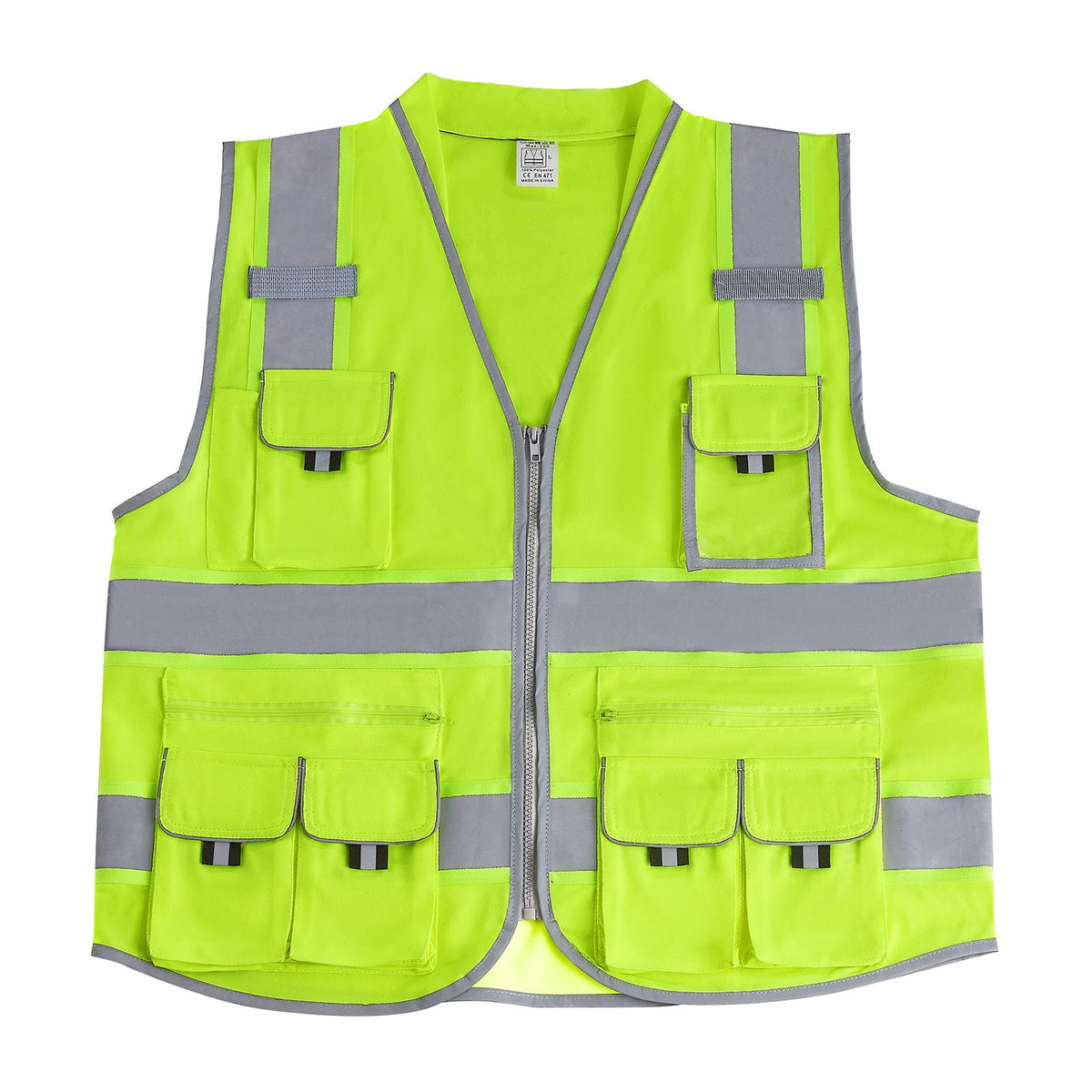Safety Vest, 10 Pockets Yellow Safety Vest, Hi Vis Zipper Front Safety Vest with Reflective Strips, High Visibility Work Construction Vest with Pockets and Walkie-Talkie Clip, for Men & Woman