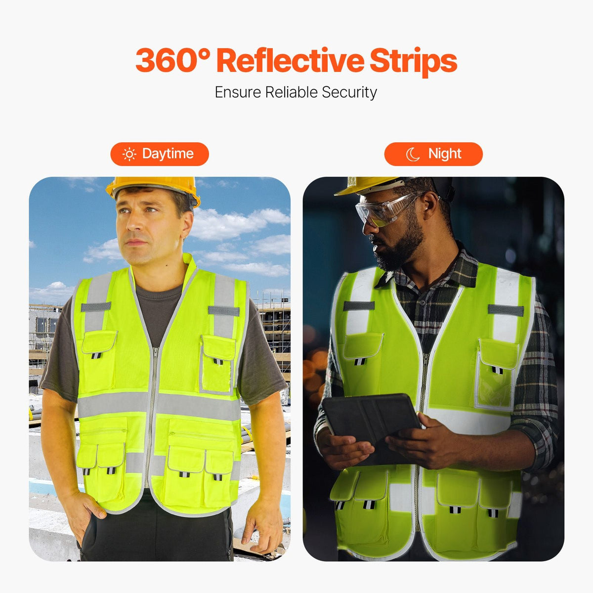 Safety Vest, 10 Pockets Yellow Safety Vest, Hi Vis Zipper Front Safety Vest with Reflective Strips, High Visibility Work Construction Vest with Pockets and Walkie-Talkie Clip, for Men & Woman