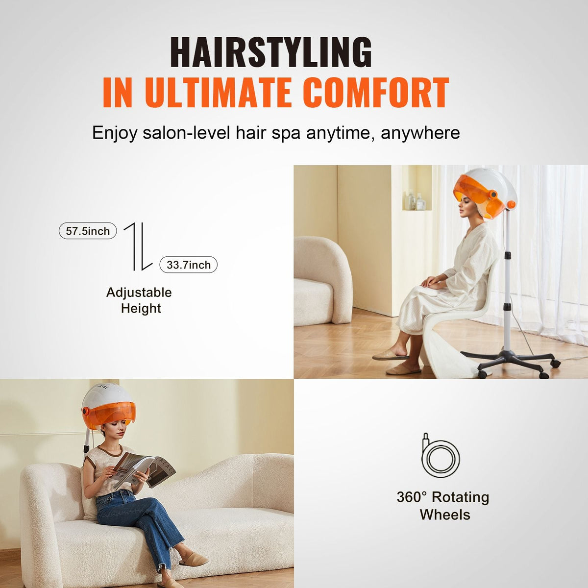 Salon-Grade Hair Dryer, 1875W Powerful Stand Dryer, Adjustable Timer & 3 Heat/Speed Options, Mobile Base with Wheels for Salon & Home Use