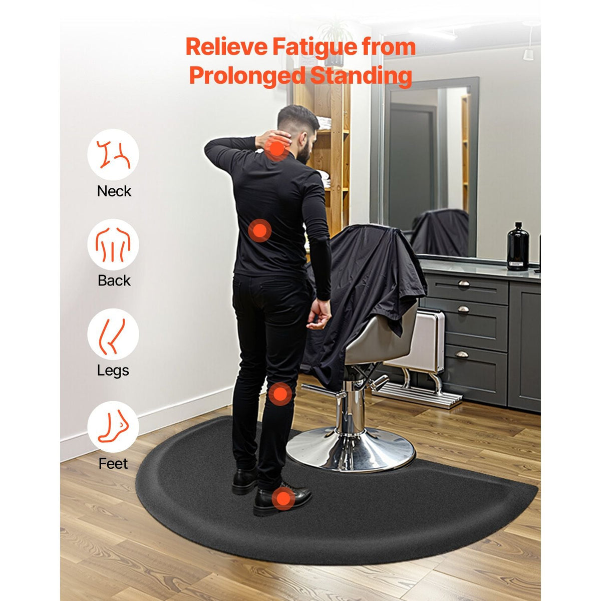 Salon Mat for Hair Stylist, 3 x 5 FT Semi-circle Salon Chair Mat, 1/2-inch Thickened Anti Fatigue Barber Shop Floor Mat with Round Cut Out, Easy-to-Clean PVC Surface & Anti-Trip Beveled Edges