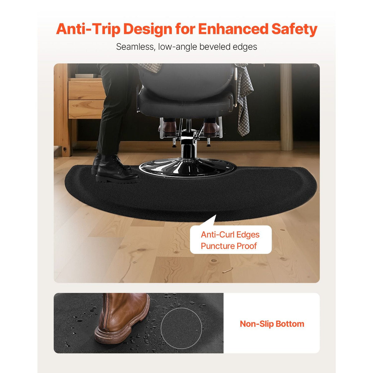 Salon Mat for Hair Stylist, 3 x 5 FT Semi-circle Salon Chair Mat, 1/2-inch Thickened Anti Fatigue Barber Shop Floor Mat with Round Cut Out, Easy-to-Clean PVC Surface & Anti-Trip Beveled Edges