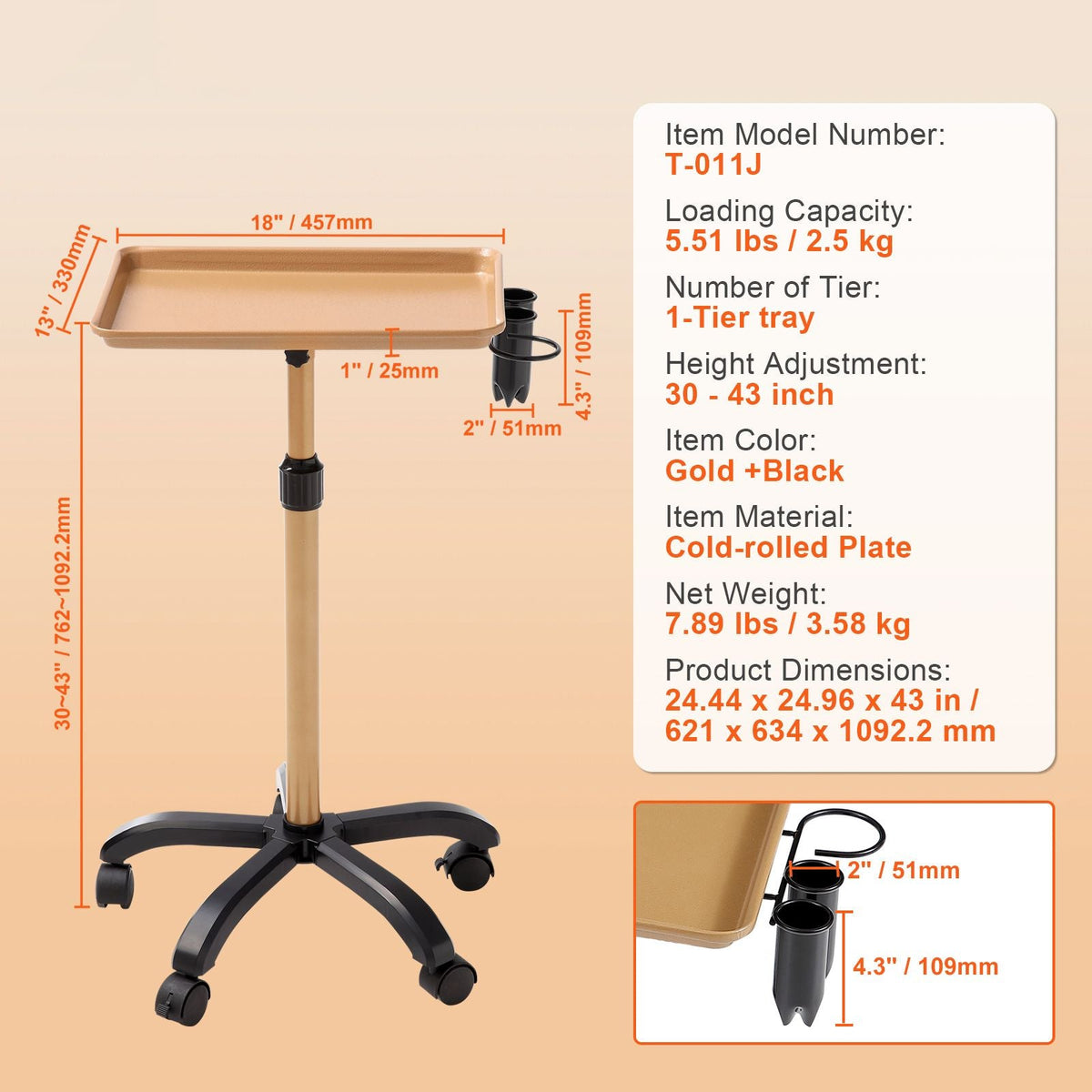 Salon Tray Cart, 30"-43" Height Adjustable Rolling Salon Tray, Cold-rolled Plate Tattoo Tray with 5 Wheels (2 Lockable) for SPA Barber Clinic, Gold & Black