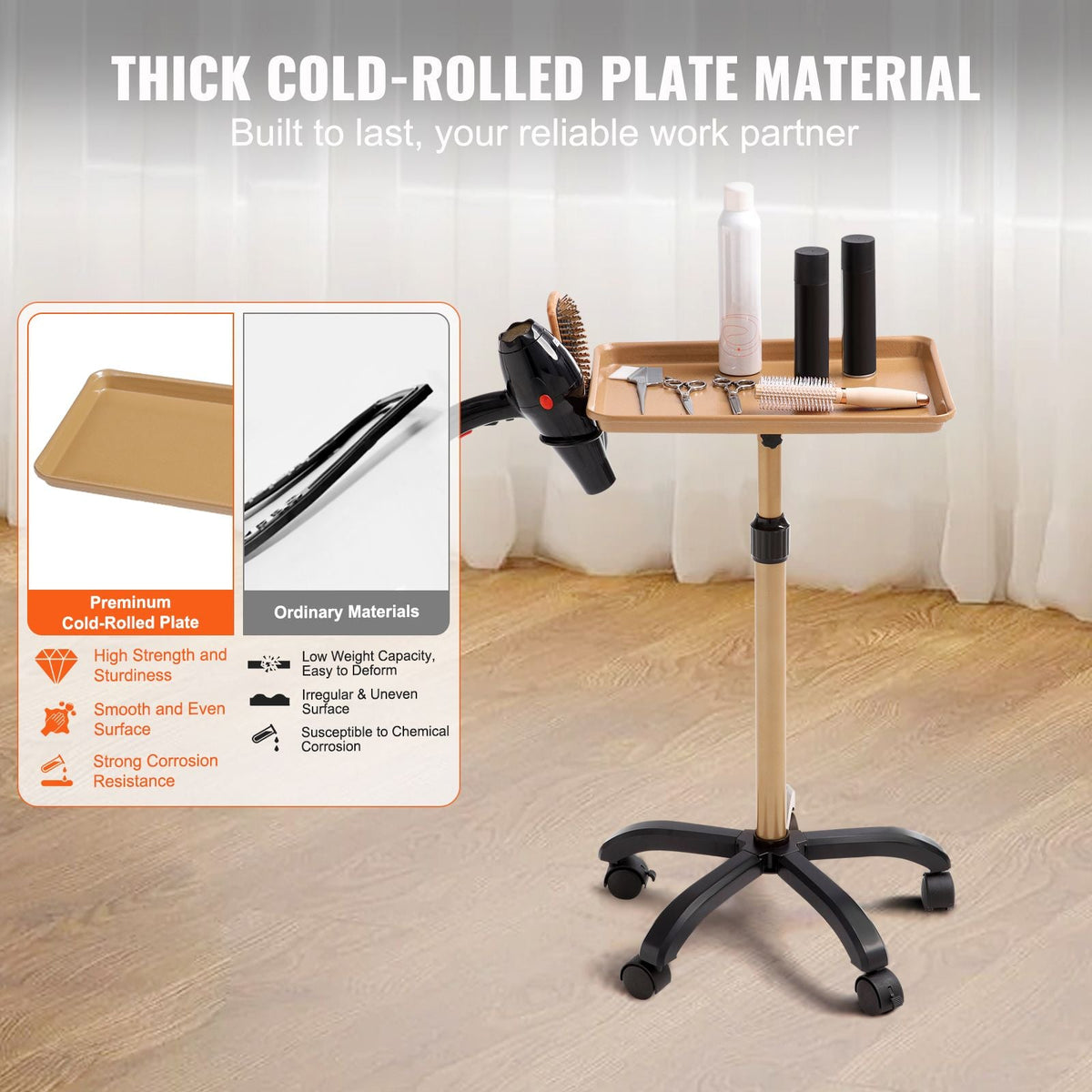 Salon Tray Cart, 30"-43" Height Adjustable Rolling Salon Tray, Cold-rolled Plate Tattoo Tray with 5 Wheels (2 Lockable) for SPA Barber Clinic, Gold & Black