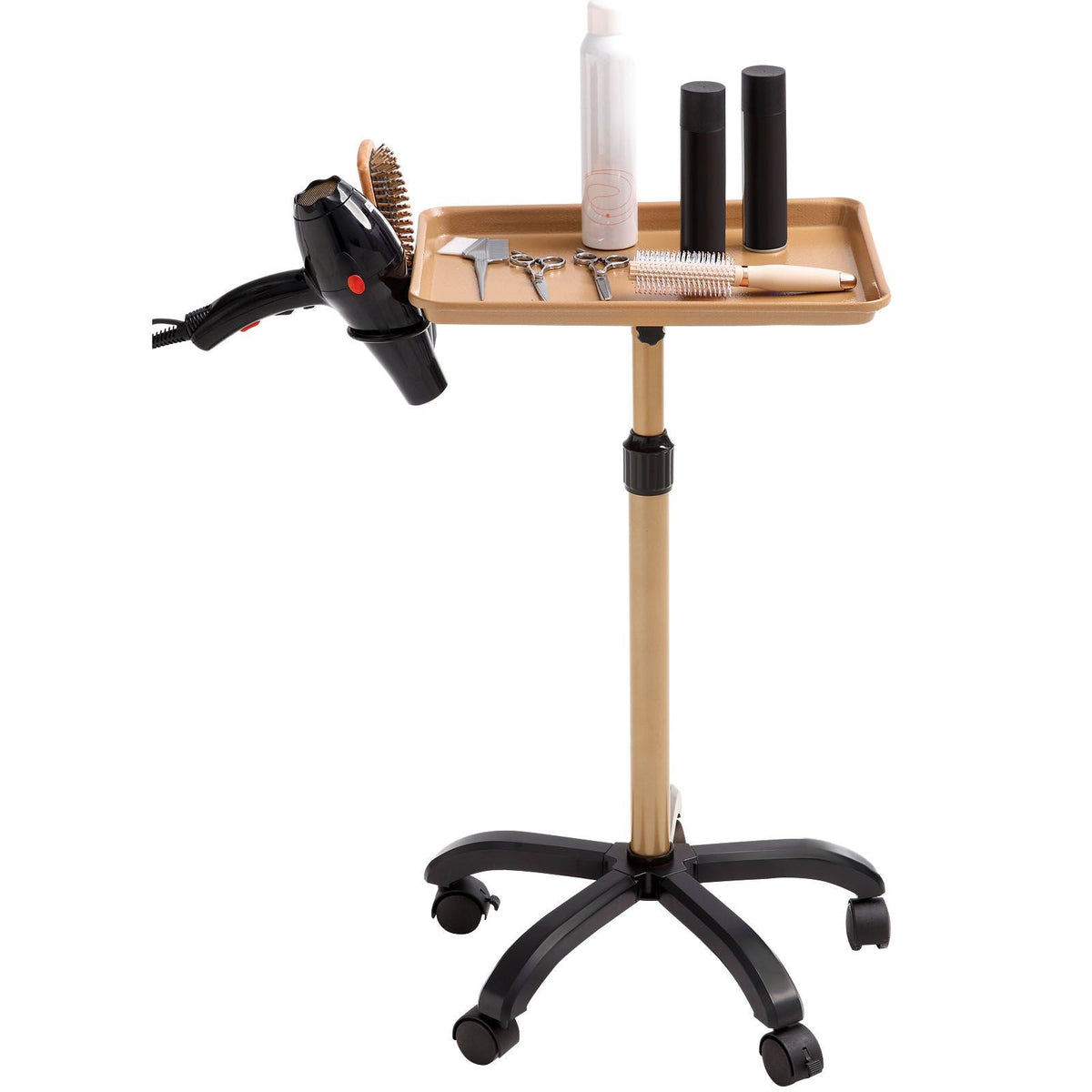 Salon Tray Cart, 30"-43" Height Adjustable Rolling Salon Tray, Cold-rolled Plate Tattoo Tray with 5 Wheels (2 Lockable) for SPA Barber Clinic, Gold & Black