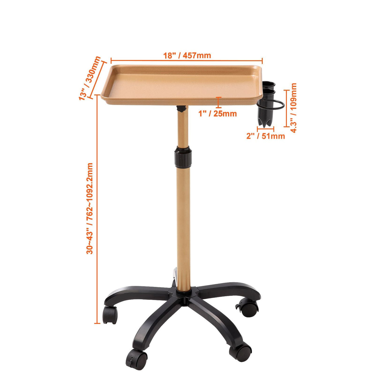 Salon Tray Cart, 30"-43" Height Adjustable Rolling Salon Tray, Cold-rolled Plate Tattoo Tray with 5 Wheels (2 Lockable) for SPA Barber Clinic, Gold & Black