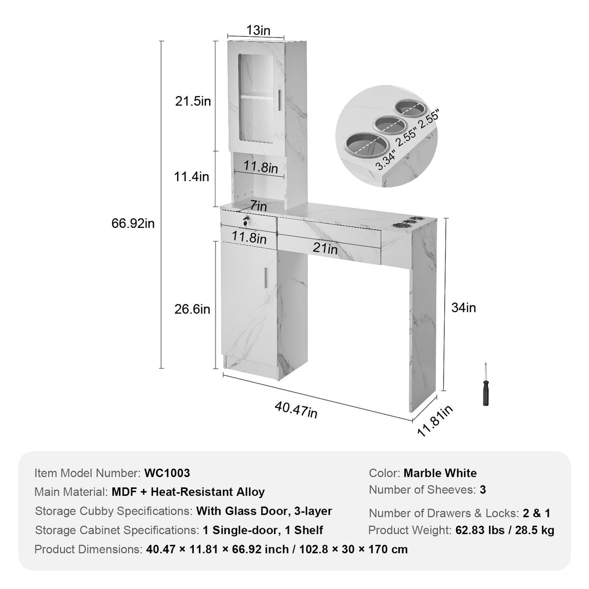 Salon Workstation, Wall-Mounted Unit for Hair Professionals, Spa Styling Storage Solution, Includes 1 Cabinet, 3 Shelves, 2 Drawers (1 with Lock), in White