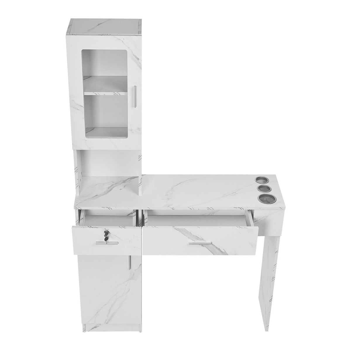 Salon Workstation, Wall-Mounted Unit for Hair Professionals, Spa Styling Storage Solution, Includes 1 Cabinet, 3 Shelves, 2 Drawers (1 with Lock), in White