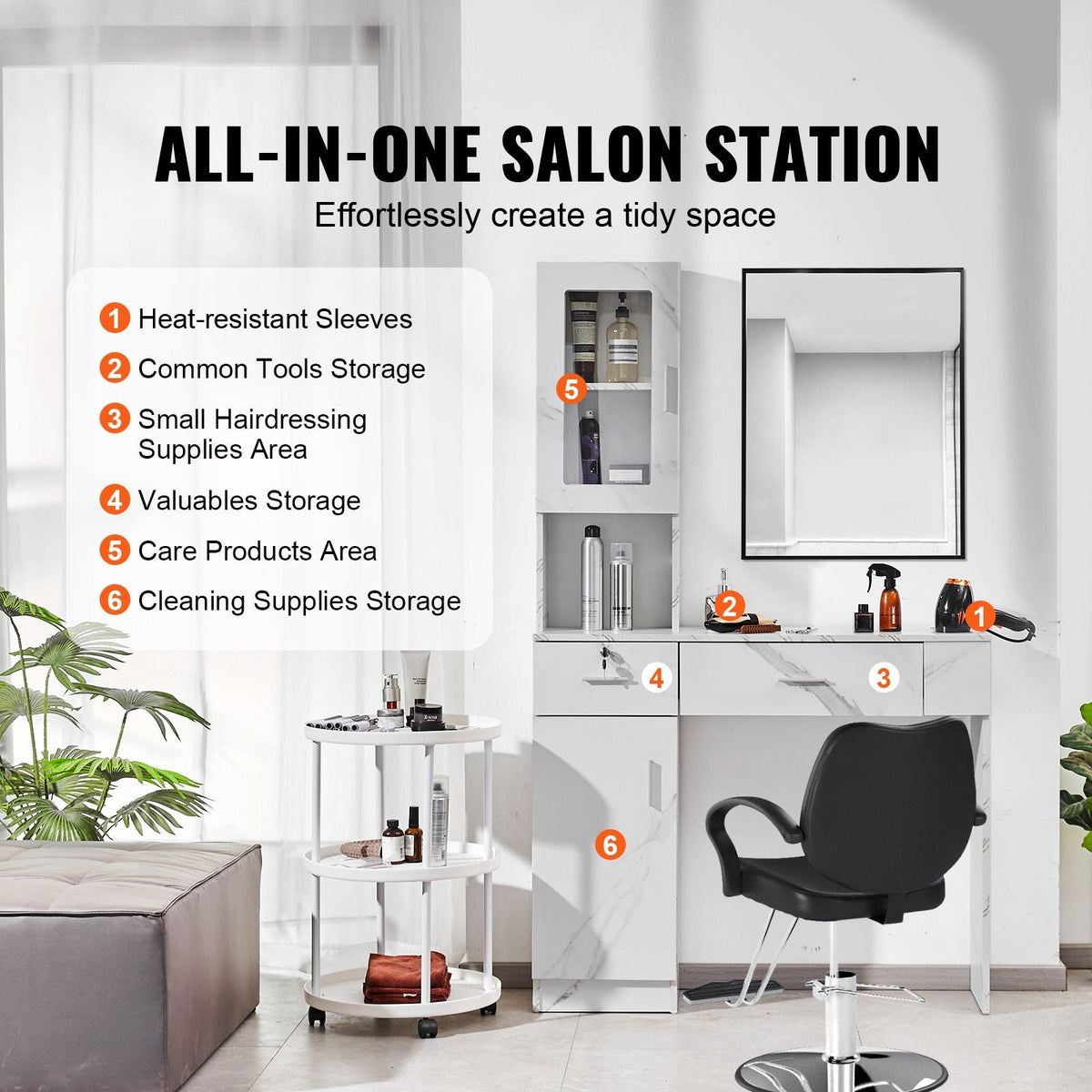 Salon Workstation, Wall-Mounted Unit for Hair Professionals, Spa Styling Storage Solution, Includes 1 Cabinet, 3 Shelves, 2 Drawers (1 with Lock), in White