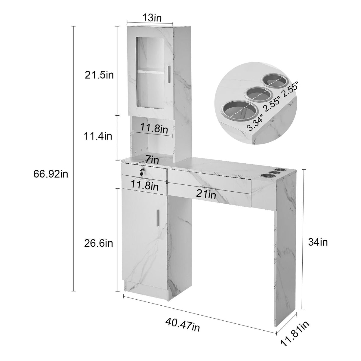 Salon Workstation, Wall-Mounted Unit for Hair Professionals, Spa Styling Storage Solution, Includes 1 Cabinet, 3 Shelves, 2 Drawers (1 with Lock), in White