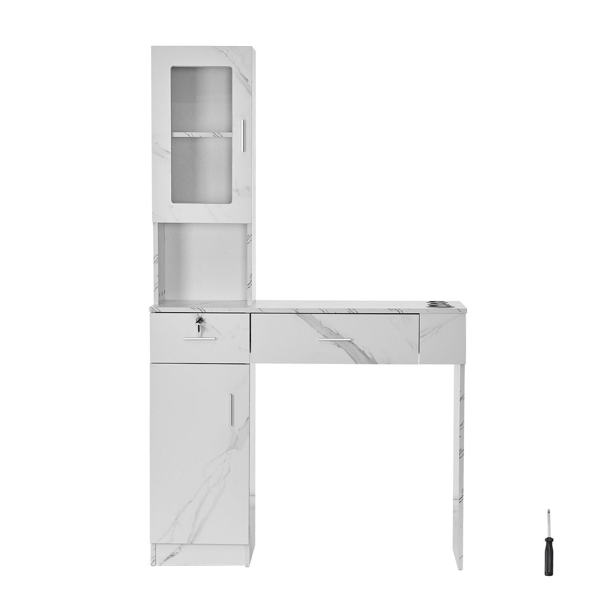 Salon Workstation, Wall-Mounted Unit for Hair Professionals, Spa Styling Storage Solution, Includes 1 Cabinet, 3 Shelves, 2 Drawers (1 with Lock), in White