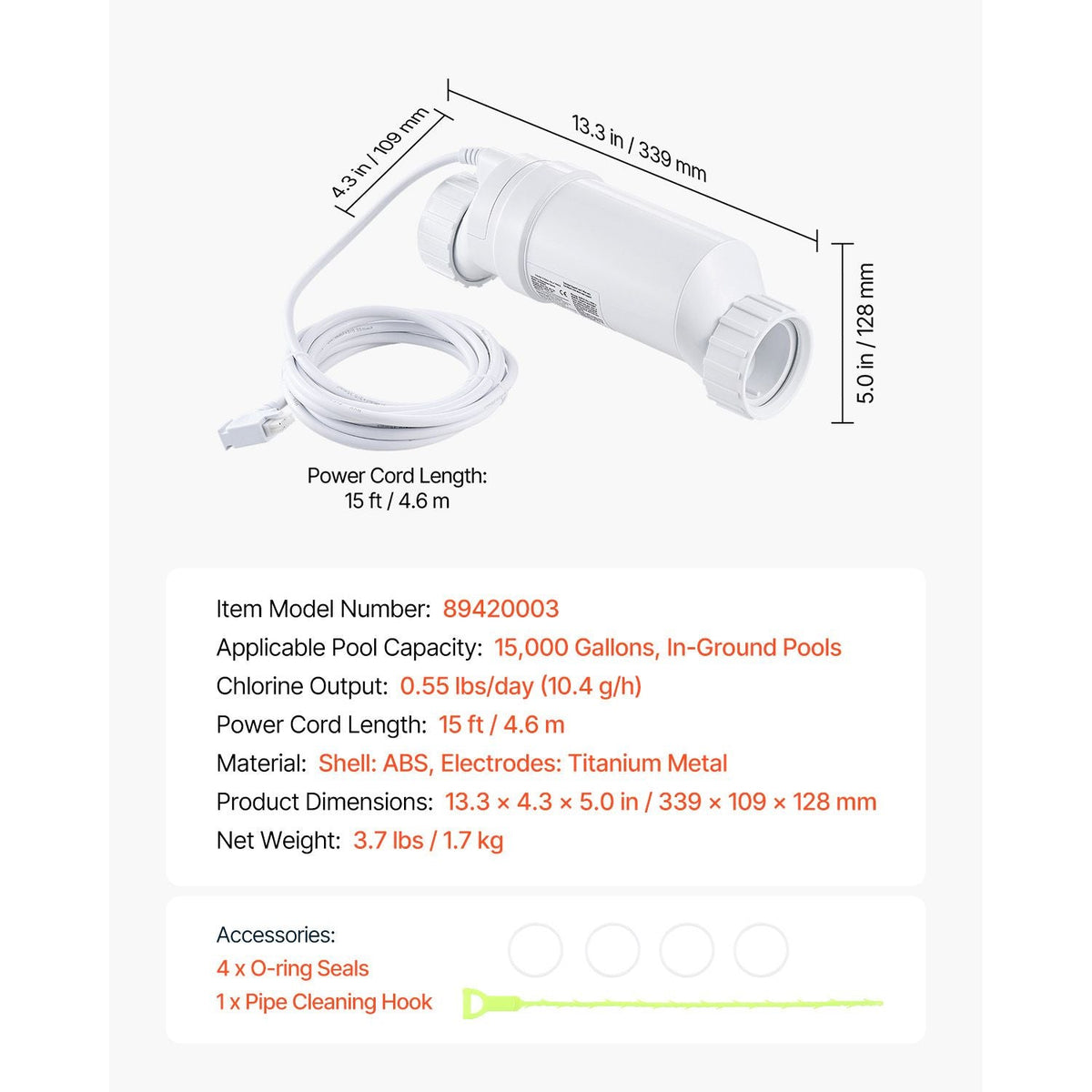 Salt Water Chlorinator System, Pool Chlorination Cell Fits for Hayward W3T-Cell-3 (T3), Pool Cell Salt Water System for In-Ground Swimming Pools up to 15,000 Gallons, 15 ft Power Line, White