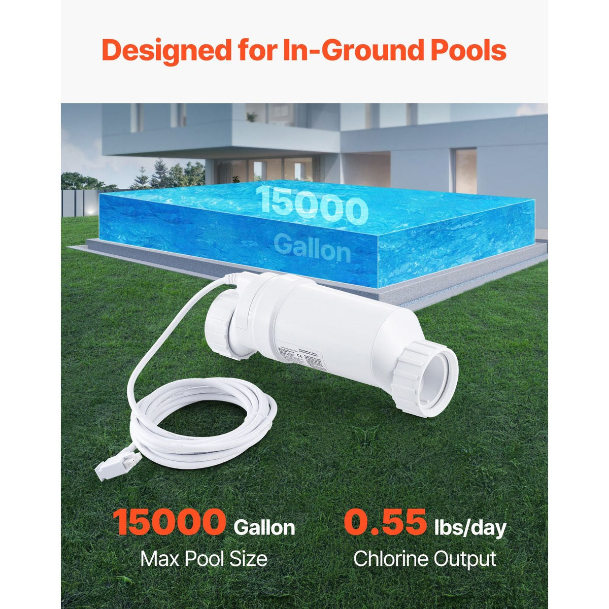 Salt Water Chlorinator System, Pool Chlorination Cell Fits for Hayward W3T-Cell-3 (T3), Pool Cell Salt Water System for In-Ground Swimming Pools up to 15,000 Gallons, 15 ft Power Line, White