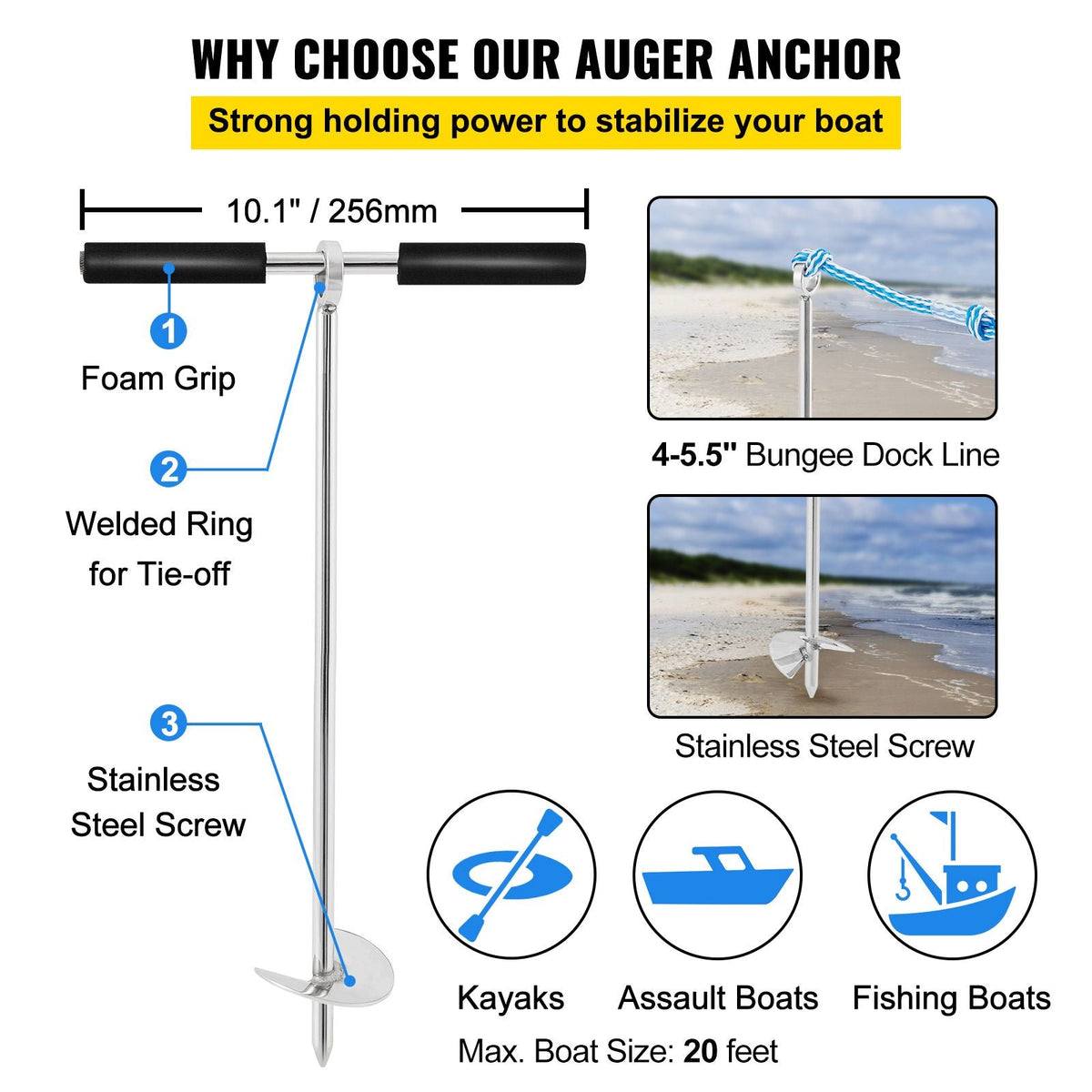 Sand Anchor, 18\" Length Auger to The Beach and Sandbar, 316 Stainless Steel Screw Anchor with Removable Handle, Bungee Line & Carry Bag, for Jet Ski PWC Pontoon Kayak