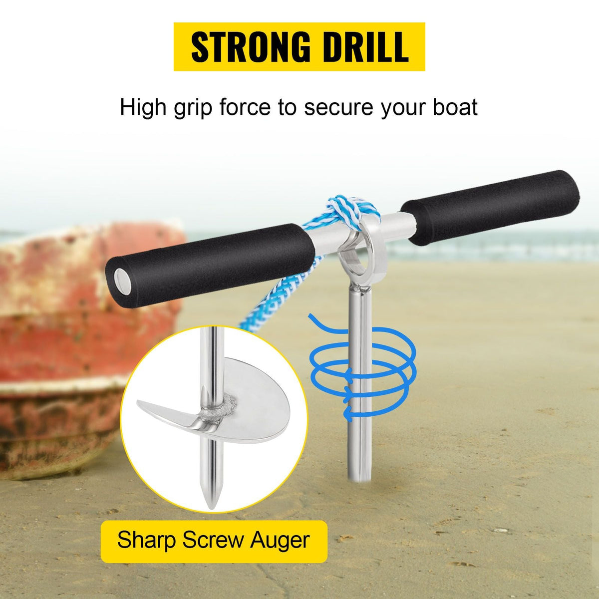 Sand Anchor, 36\" Length Auger to The Beach and Sandbar, 316 Stainless Steel Screw Anchor with Removable Handle, Bungee Line & Carry Bag, for Jet Ski PWC Pontoon Kayak