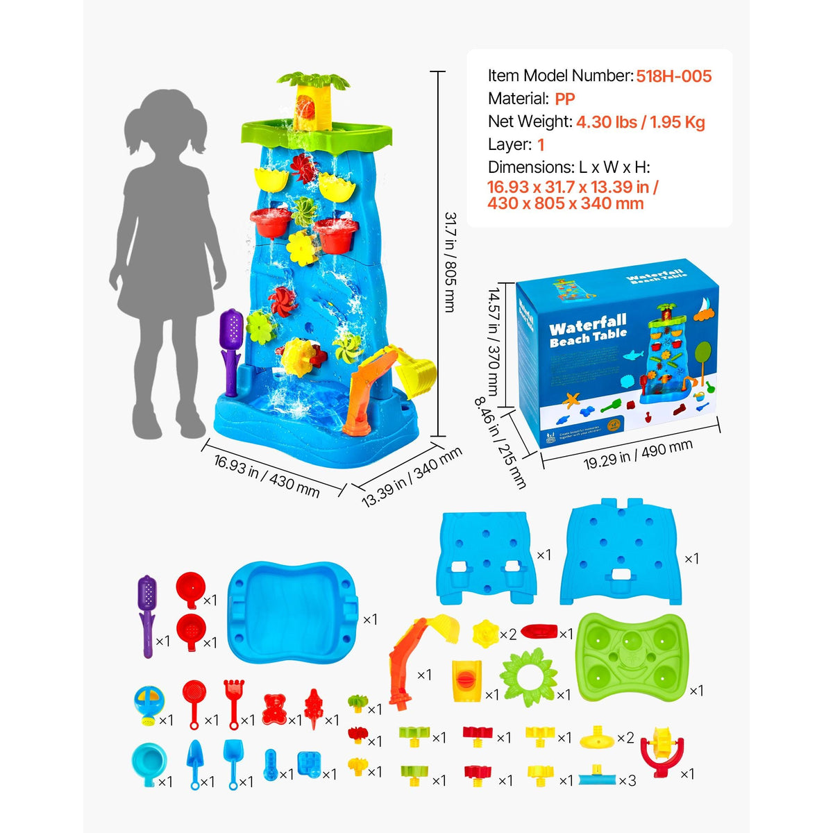 Sand and Water Table for Toddlers, Double-Sided Kids Activity Waterfall Playset with 37PCS Accessories, Kids Activity Sensory Table, Outdoor Summer Sand Water Play Table for 3+ Years Boys Girls
