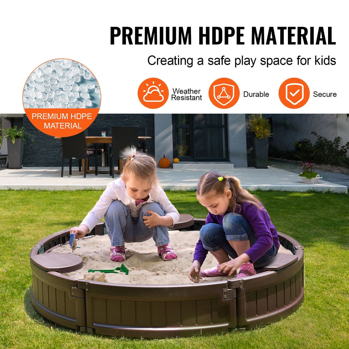Sandbox with Cover, 47.2 x 9.1 in Round Sand Box, HDPE Sand Pit with 3 Corner Seating and Bottom Liner, Kids Sandbox for Outdoor Backyard, Beach, Park, Gift for Boys Girls Ages 3-12, Brown