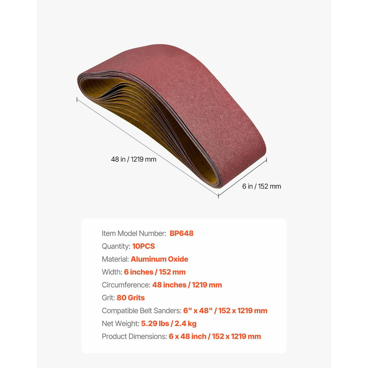 Sanding Belts, 6 x 48-inch Belt Sander Sanding Belts, 10PCS 80 Grit Aluminum Oxide for Woodworking, Steel, Aluminum, Non-Ferrous Metals