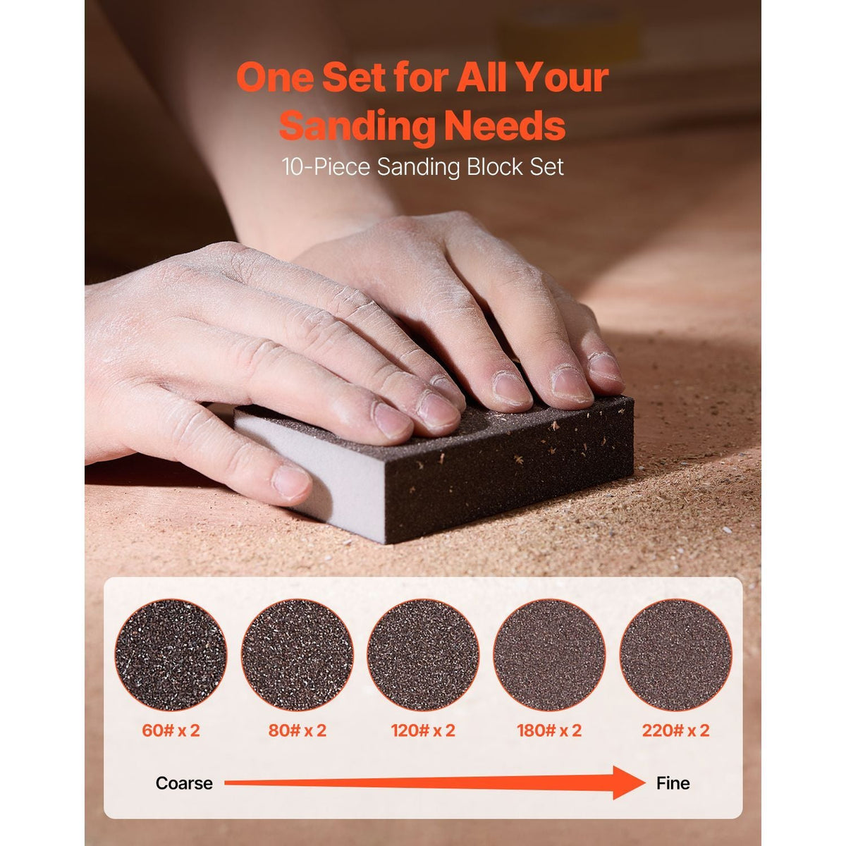 Sanding Sponge, 10 Pcs, 60/80/120/180/220 Grit Assortment(2 Each), Washable and Reusable Sanding Blocks for Dry & Wet Use, Coarse to Fine Sandpaper Blocks, for Drywall Wood Metal Furniture