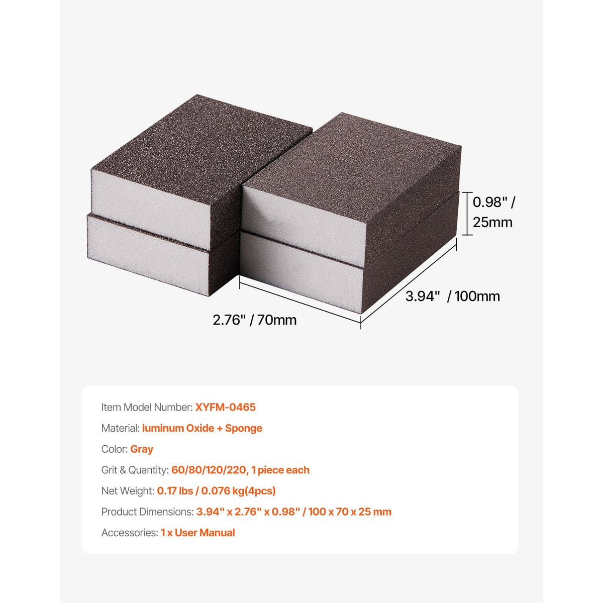 Sanding Sponge, 4 Pcs, 60/80/120/220 Grit Assortment, Washable and Reusable Sanding Blocks for Dry & Wet Use, Coarse to Fine Sandpaper Blocks, for Polishing Drywall Wood Plastic Metal Furniture