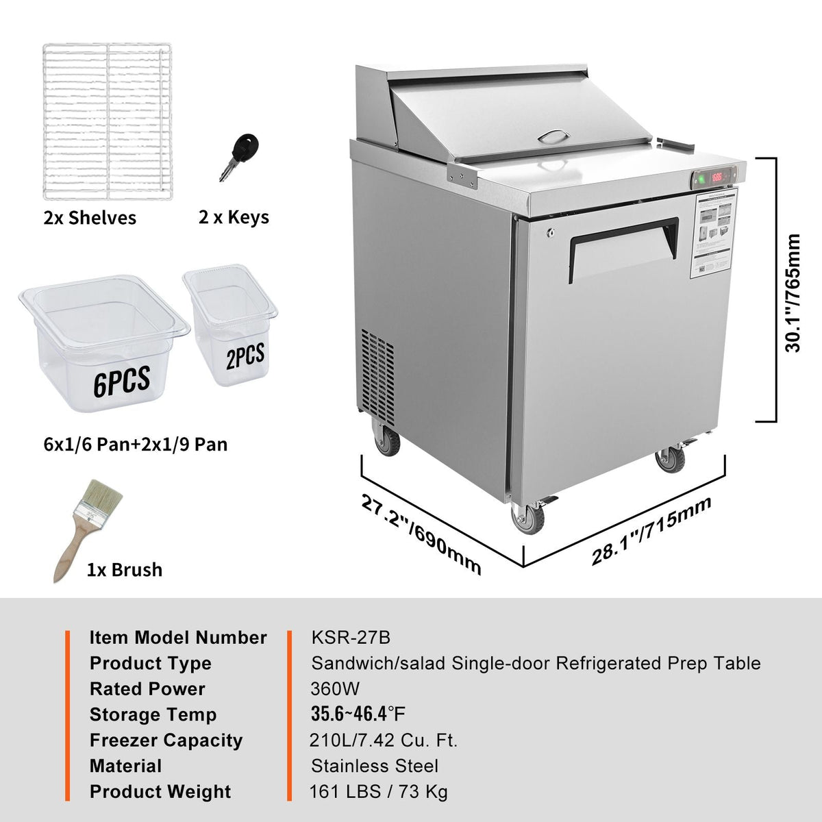 Sandwich Prep Table, 7.42 Cu. Ft. Salad Single-door Refrigerated Prep Table, 28-inch Food Prep Fridge, Commercial Stainless Steel Prep Refrigerator Table for Restaurant, Bar, Shop, Silver