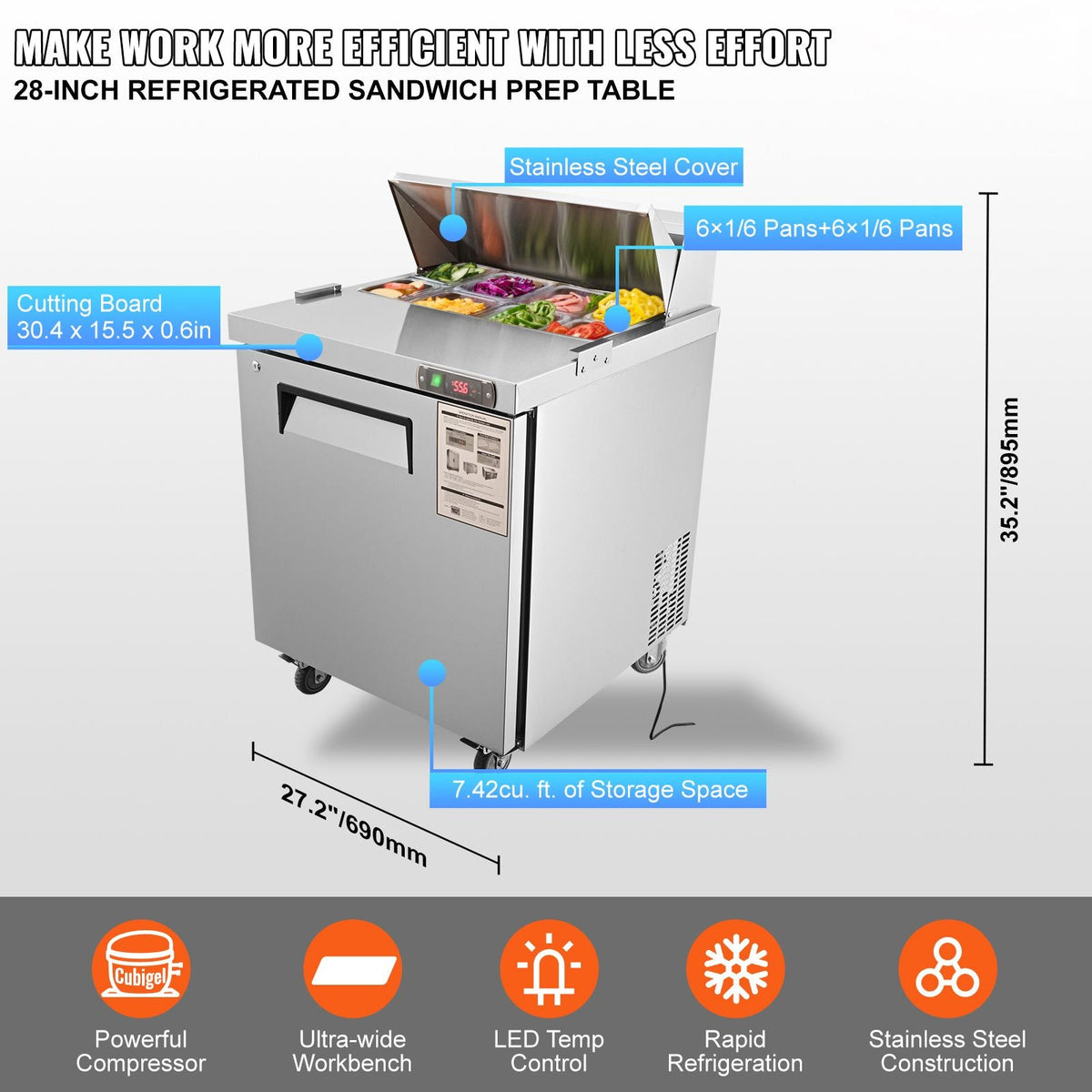 Sandwich Prep Table, 7.42 Cu. Ft. Salad Single-door Refrigerated Prep Table, 28-inch Food Prep Fridge, Commercial Stainless Steel Prep Refrigerator Table for Restaurant, Bar, Shop, Silver
