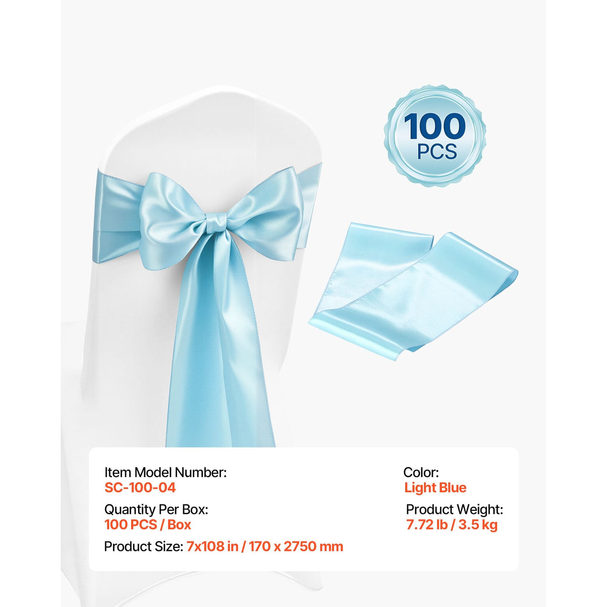Satin Chair Sashes Bows, 100PCS Chair Ribbon Ties Back Sash, 7 x 108 inch, Light Blue Wedding Reception Decoration, for Wedding Ceremony Baby Shower Party Events Banquet Chair Cover Decoration