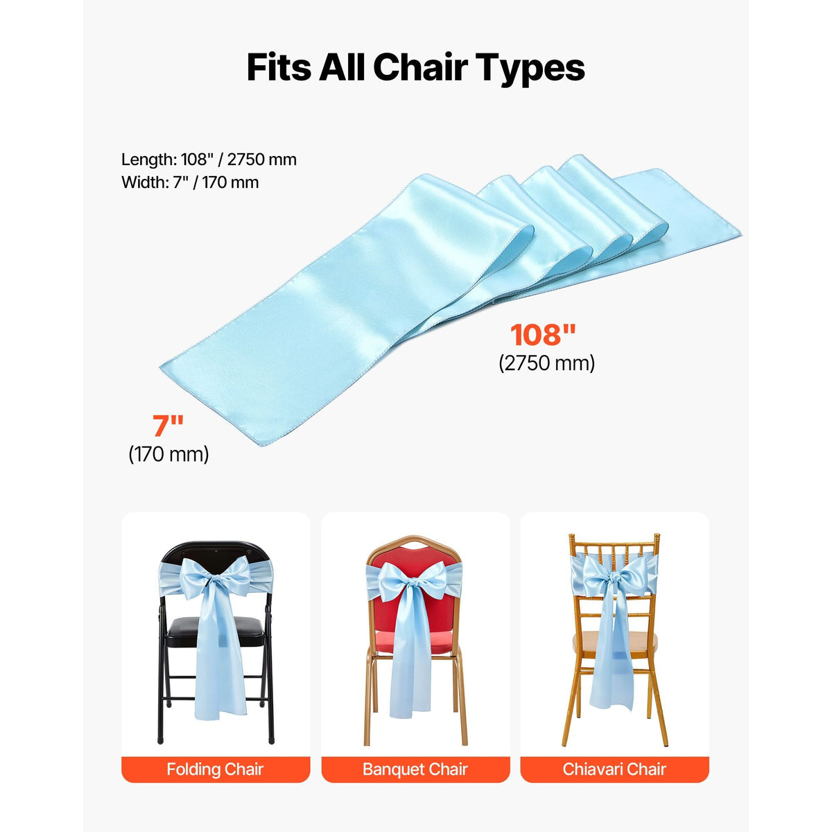 Satin Chair Sashes Bows, 100PCS Chair Ribbon Ties Back Sash, 7 x 108 inch, Light Blue Wedding Reception Decoration, for Wedding Ceremony Baby Shower Party Events Banquet Chair Cover Decoration