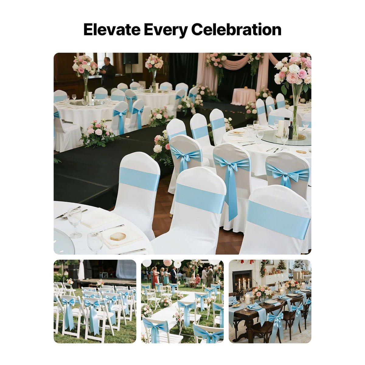 Satin Chair Sashes Bows, 100PCS Chair Ribbon Ties Back Sash, 7 x 108 inch, Light Blue Wedding Reception Decoration, for Wedding Ceremony Baby Shower Party Events Banquet Chair Cover Decoration