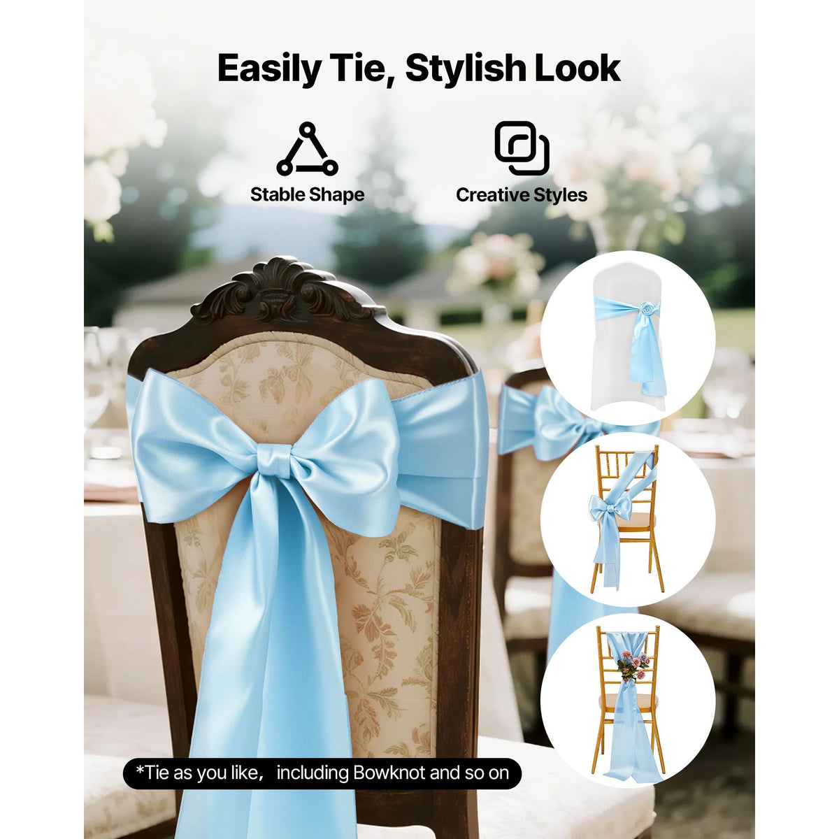 Satin Chair Sashes Bows, 100PCS Chair Ribbon Ties Back Sash, 7 x 108 inch, Light Blue Wedding Reception Decoration, for Wedding Ceremony Baby Shower Party Events Banquet Chair Cover Decoration
