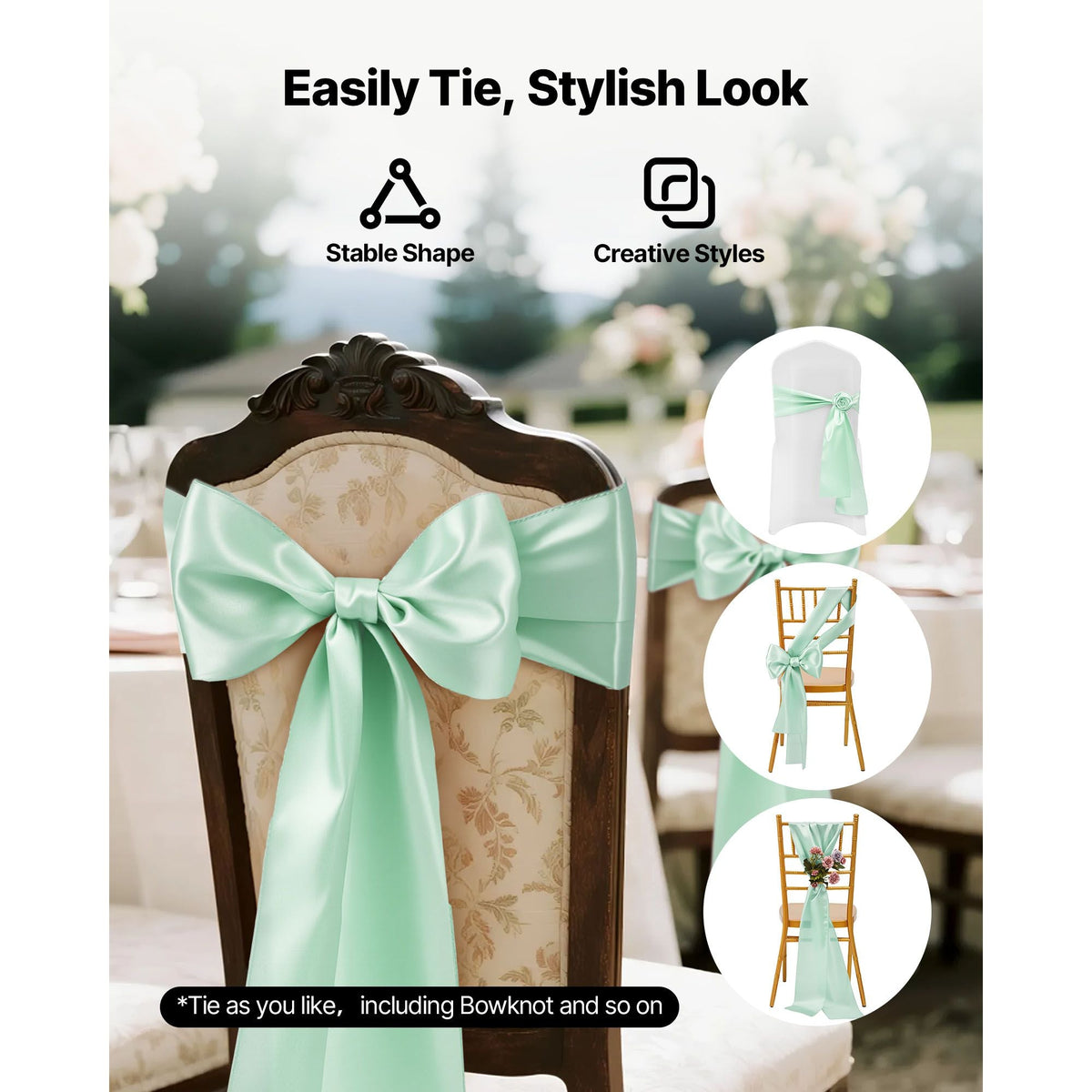 Satin Chair Sashes Bows, 100PCS Chair Ribbon Ties Back Sash, 7 x 108 inch, Light Green Wedding Reception Decoration, for Wedding Ceremony Baby Shower Party Events Banquet Chair Cover Decoration