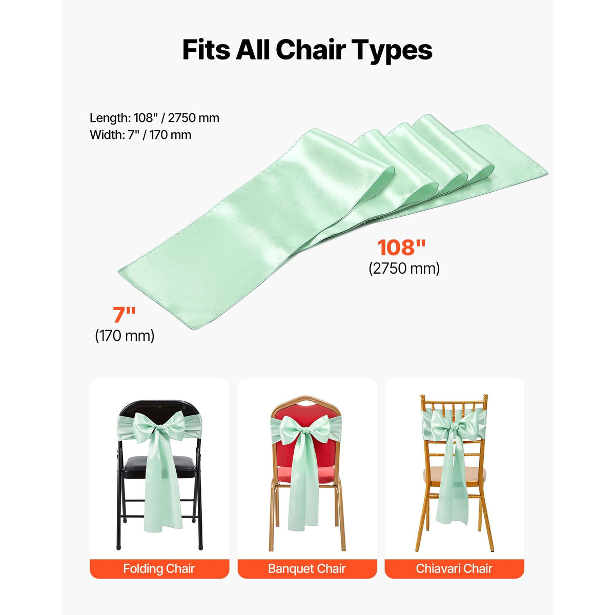 Satin Chair Sashes Bows, 100PCS Chair Ribbon Ties Back Sash, 7 x 108 inch, Light Green Wedding Reception Decoration, for Wedding Ceremony Baby Shower Party Events Banquet Chair Cover Decoration