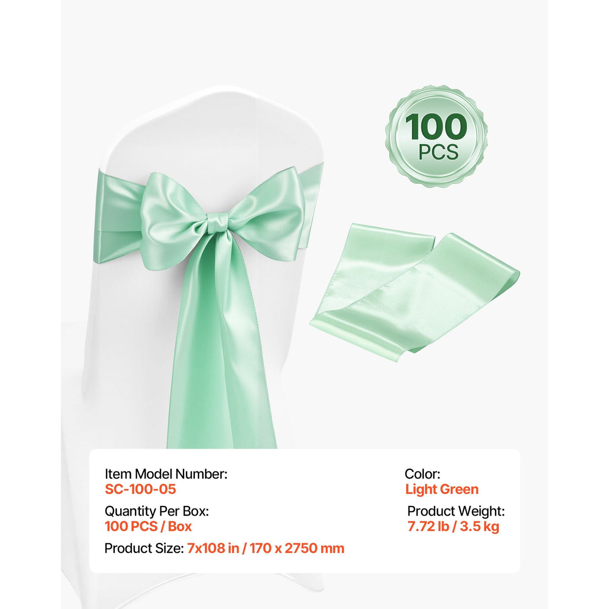Satin Chair Sashes Bows, 100PCS Chair Ribbon Ties Back Sash, 7 x 108 inch, Light Green Wedding Reception Decoration, for Wedding Ceremony Baby Shower Party Events Banquet Chair Cover Decoration