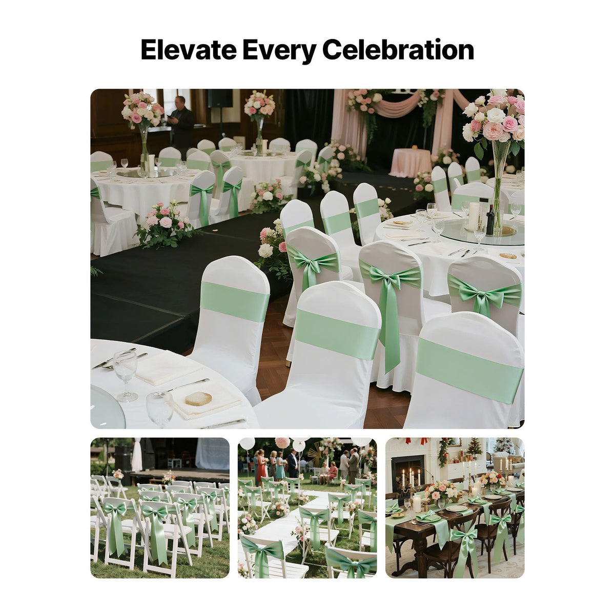 Satin Chair Sashes Bows, 100PCS Chair Ribbon Ties Back Sash, 7 x 108 inch, Light Green Wedding Reception Decoration, for Wedding Ceremony Baby Shower Party Events Banquet Chair Cover Decoration
