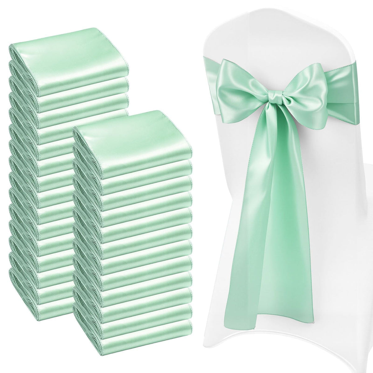 Satin Chair Sashes Bows, 100PCS Chair Ribbon Ties Back Sash, 7 x 108 inch, Light Green Wedding Reception Decoration, for Wedding Ceremony Baby Shower Party Events Banquet Chair Cover Decoration
