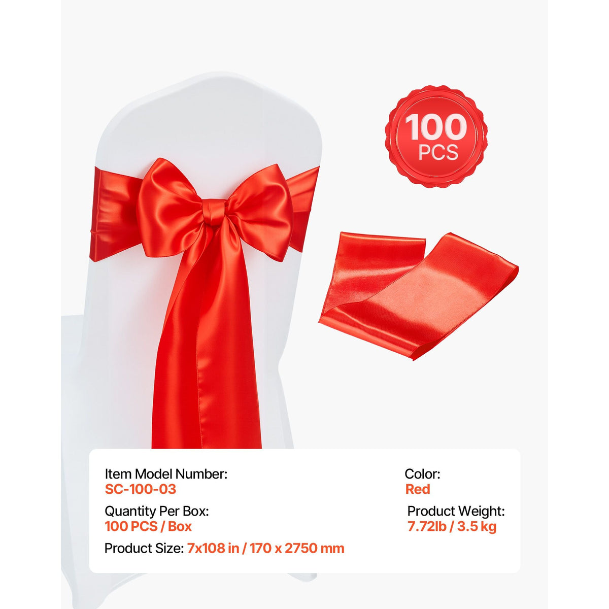 Satin Chair Sashes Bows, 100PCS Chair Ribbon Ties Back Sash, 7 x 108 inch, Red Wedding Reception Decoration, for Wedding Ceremony Baby Shower Party Events Banquet Chair Cover Decoration