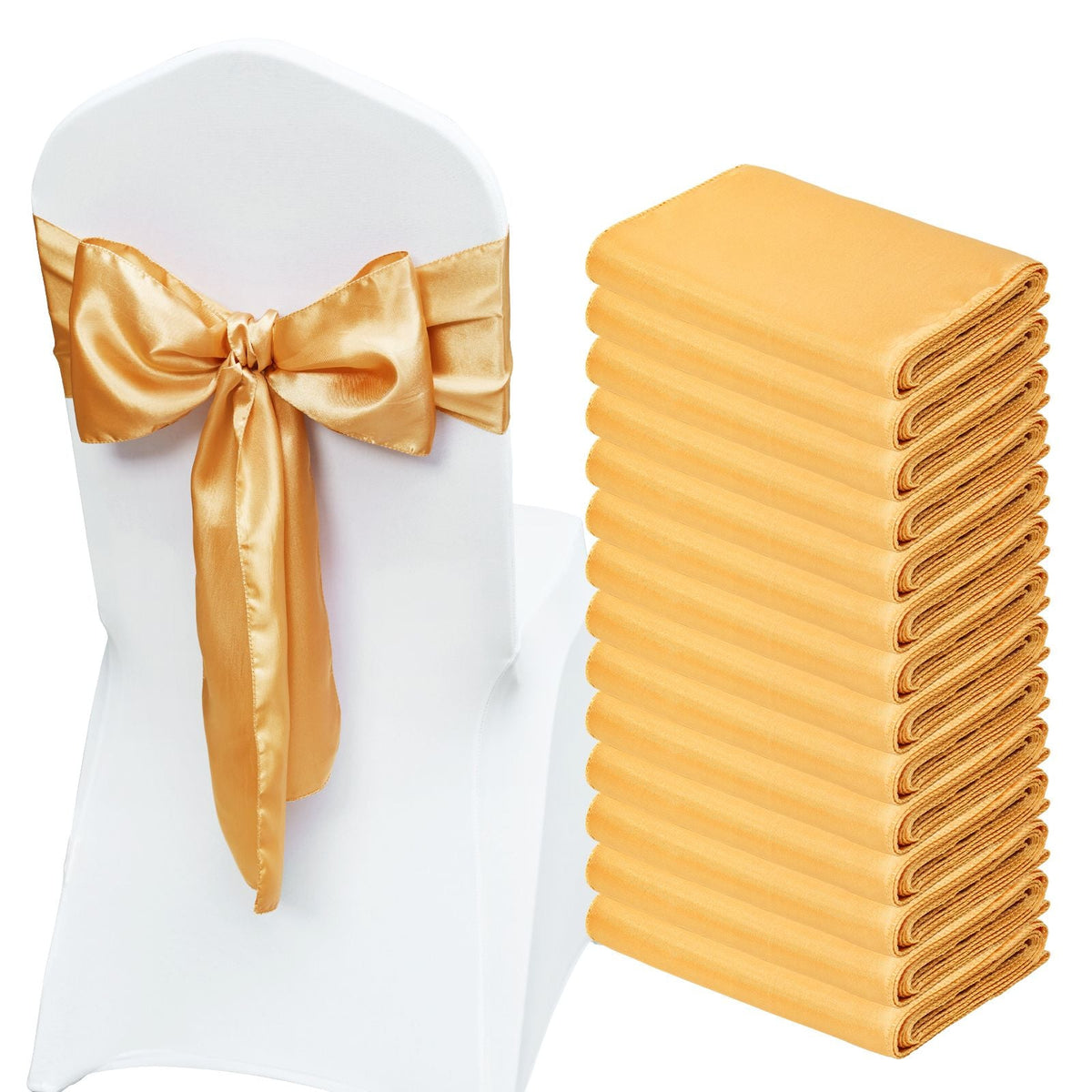 Satin Chair Sashes Bows, 50PCS Chair Ribbon Ties Back Sash, 7 x 108 inch, Gold Wedding Reception Decoration, for Wedding Ceremony Baby Shower Party Events Banquet Chair Cover Decoration