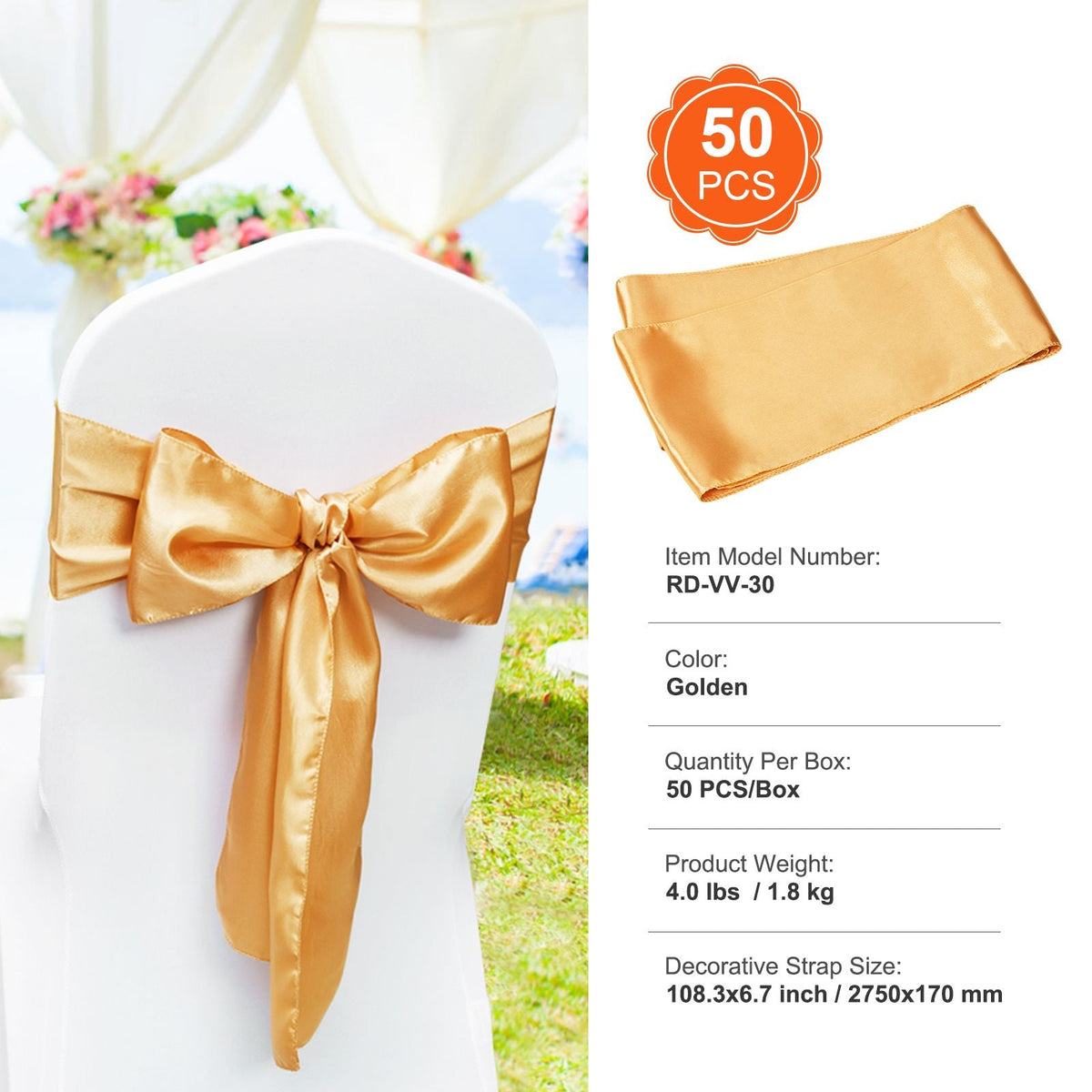 Satin Chair Sashes Bows, 50PCS Chair Ribbon Ties Back Sash, 7 x 108 inch, Gold Wedding Reception Decoration, for Wedding Ceremony Baby Shower Party Events Banquet Chair Cover Decoration