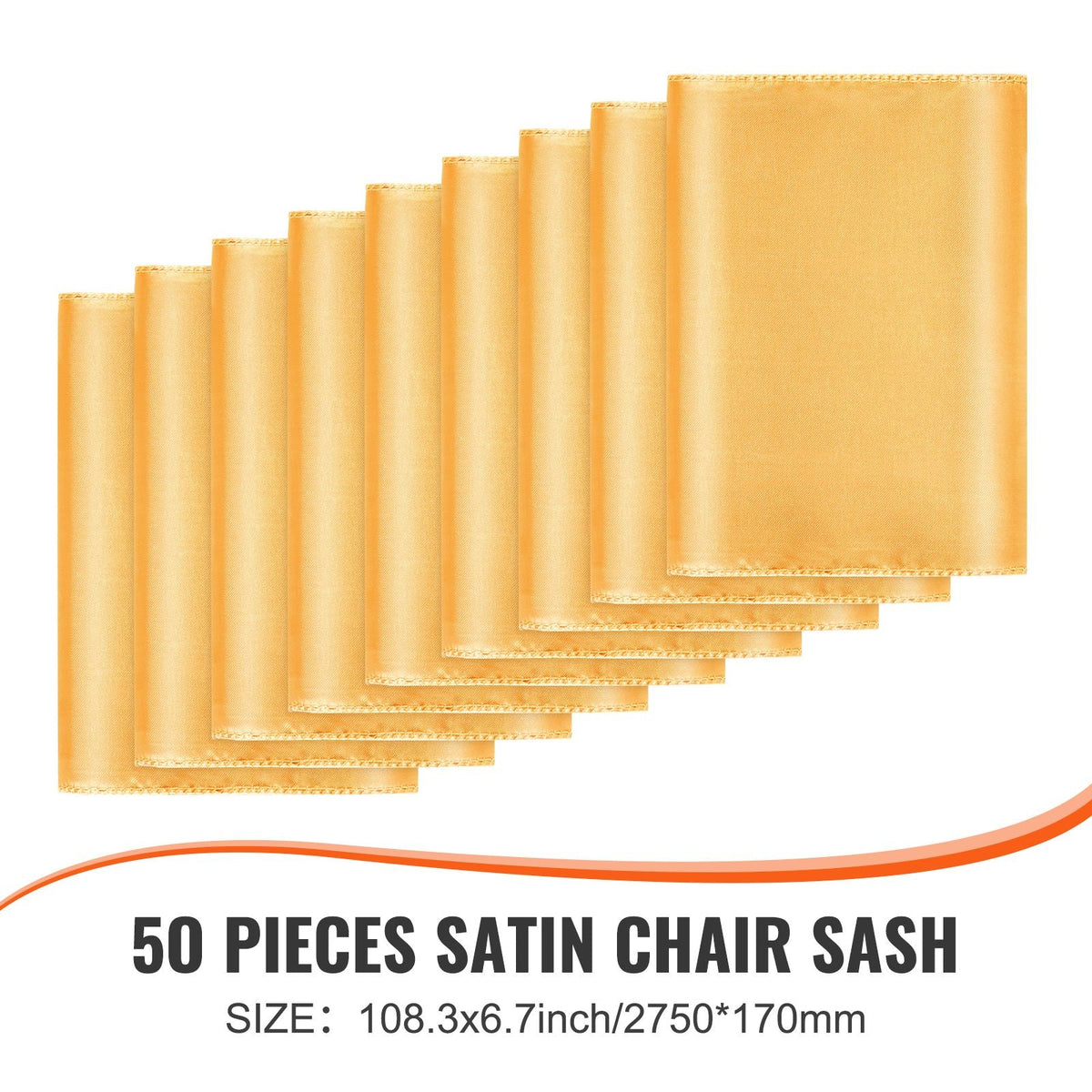 Satin Chair Sashes Bows, 50PCS Chair Ribbon Ties Back Sash, 7 x 108 inch, Gold Wedding Reception Decoration, for Wedding Ceremony Baby Shower Party Events Banquet Chair Cover Decoration