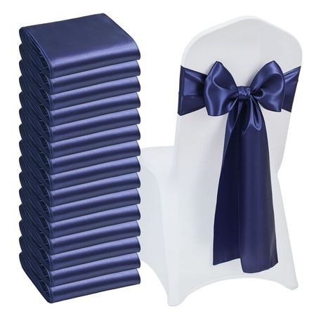 Satin Chair Sashes Bows, 50PCS Chair Ribbon Ties Back Sash, 7 x 108 inch, Navy Blue Wedding Reception Decoration, for Wedding Ceremony Baby Shower Party Events Banquet Chair Cover Decoration