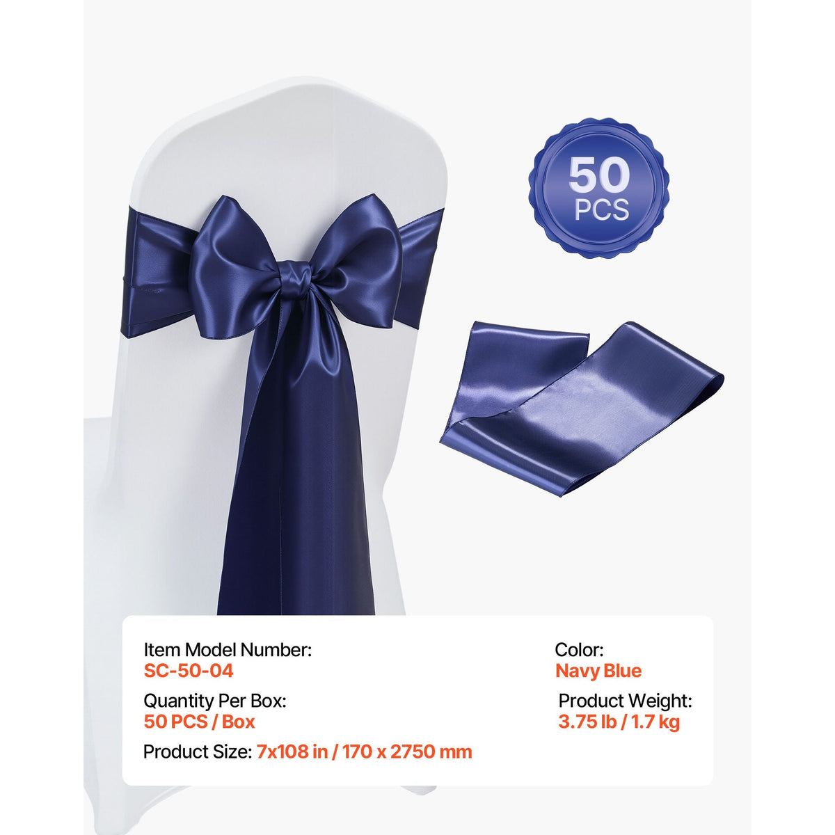 Satin Chair Sashes Bows, 50PCS Chair Ribbon Ties Back Sash, 7 x 108 inch, Navy Blue Wedding Reception Decoration, for Wedding Ceremony Baby Shower Party Events Banquet Chair Cover Decoration
